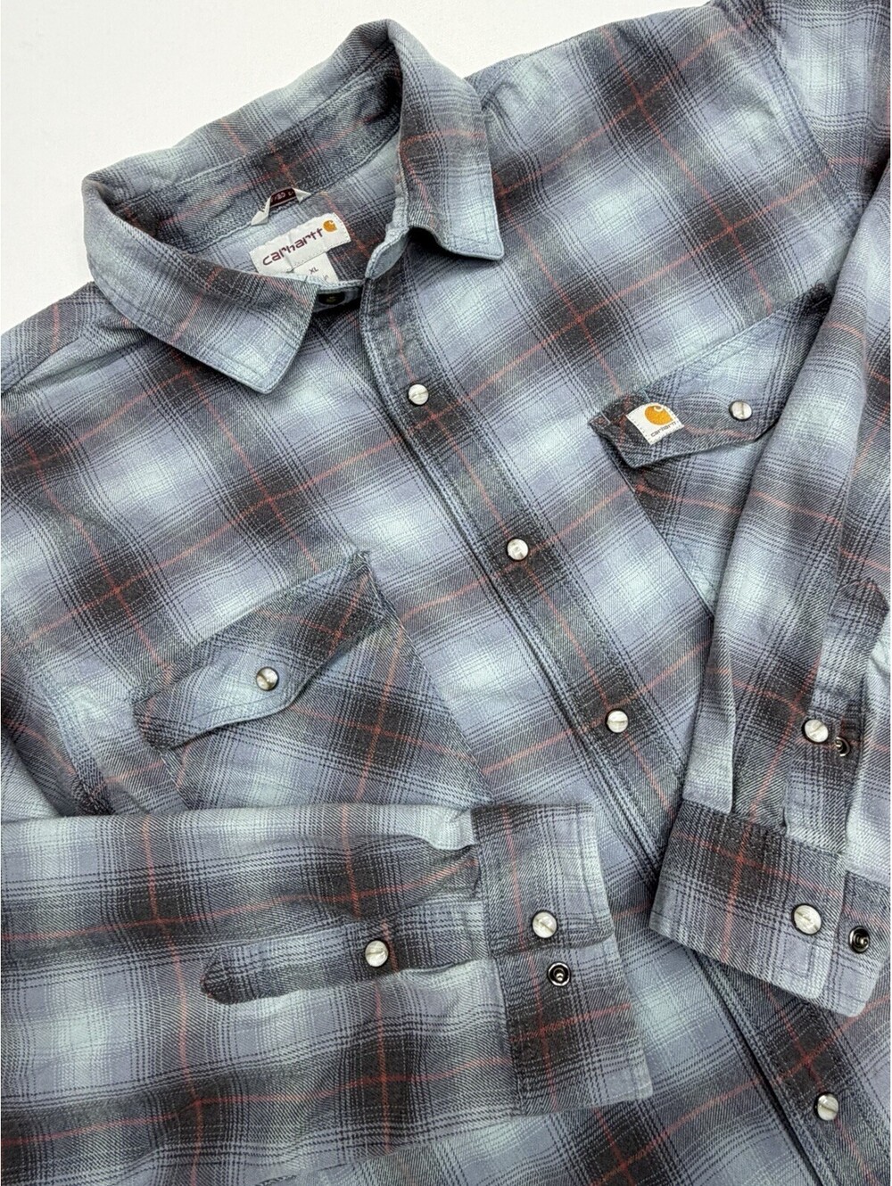 Carhartt Rugged Flex Men’s XL Relaxed Fit Flannel Blue Plaid Pearl Snap *stain*